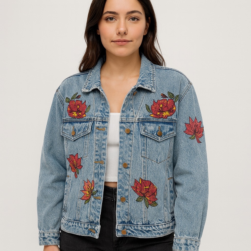 Honey Punch Denim Jacket Floral Embroidered Blue Jean Jacket Size M
